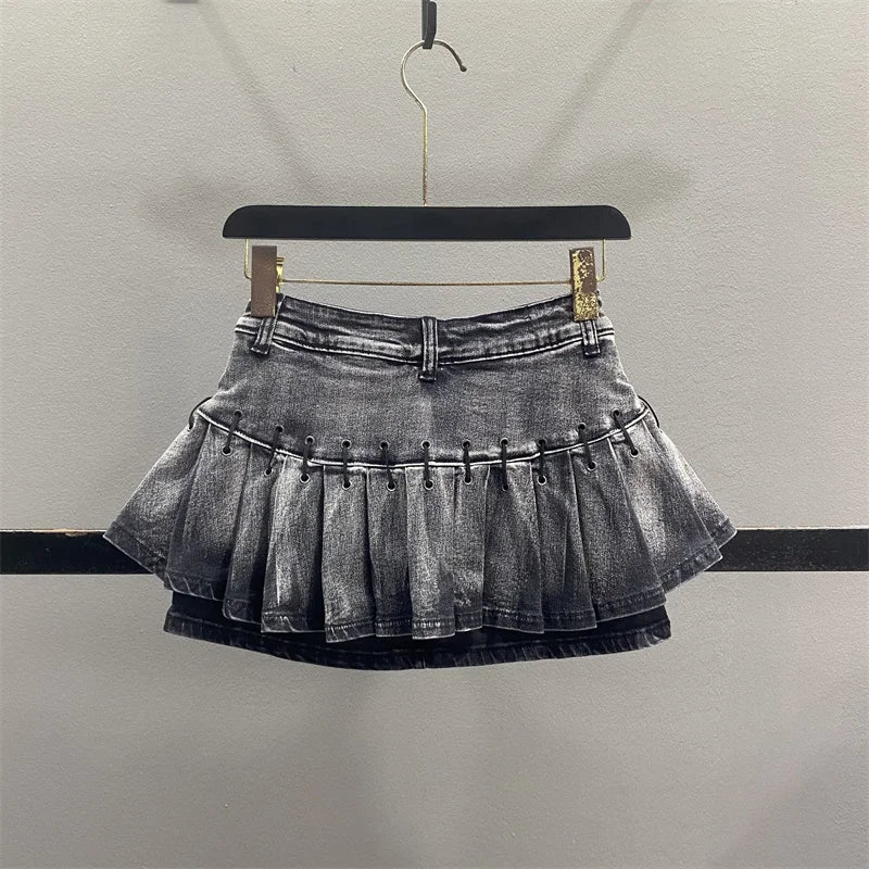 Retro American Denim  Skirt Women's Spring Summer Design Slimming Sexy A-Line Pleated Short Skirt High Waist Cotton Polye...
