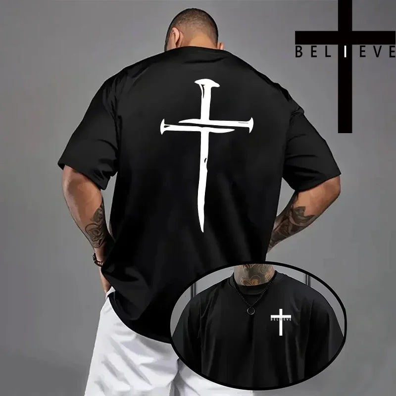 Men's Jesus Cross Print T-Shirt - Casual Short Sleeve Cotton Tee