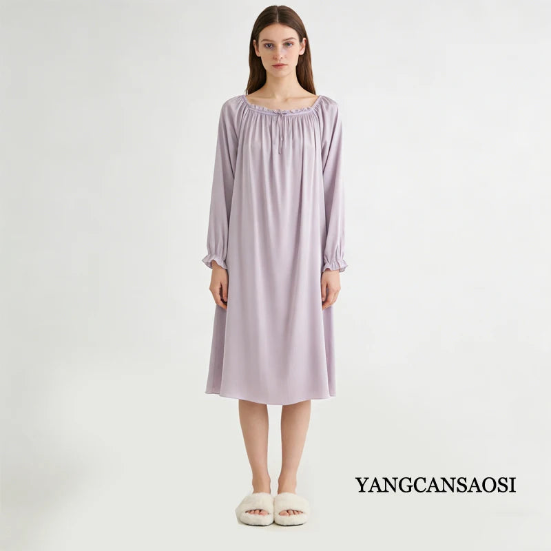 Women's Spring/Summer New 92% Natural Mulberry Silk Elastic Satin Solid Loose Sweet Wind Long Sleeve Home Clothes Nightdress