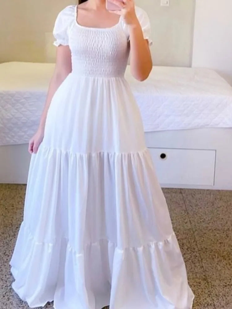 New Women's Boho Floral Dress Spring Summer European American Women's Clothing Off-shoulder Fragrant Long Solid Color Dress