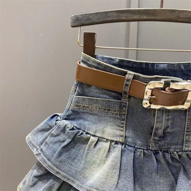 Girls Dress 2025 Summer New Denim Short Skirt Korean Version Flanged Cake Skirt Elastic Elastic Waist A-line Skirt Fashion 3-14Y