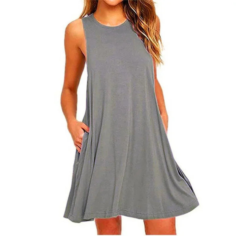 Women'S'S Dress Summer Casual T Shirt Dresses Beach Cover Up Plain Pleated Tank Pockets Dress