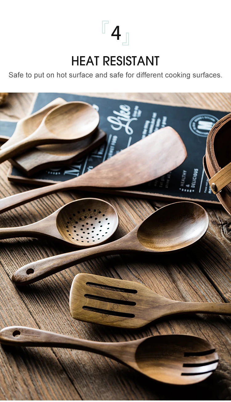 Cucharas de madera para cocinar de 9 piezas, utensilios de madera para cocinar con soporte para utensilios, juego de utensilios de cocina de madera de teca