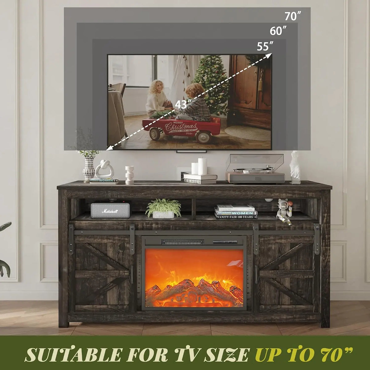 58" Farmhouse TV Stand Fireplace & Sliding Barn Door, Rustic Media Console 2 Shelves Living Room, Dark Oak, Customized
