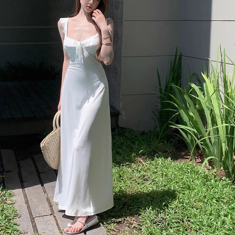 Lady Daily Holiday Leisure Satin Dress Female Gentle Aesthetic Long Bridal Dress Summer Women Party Backless Bandage Dresses