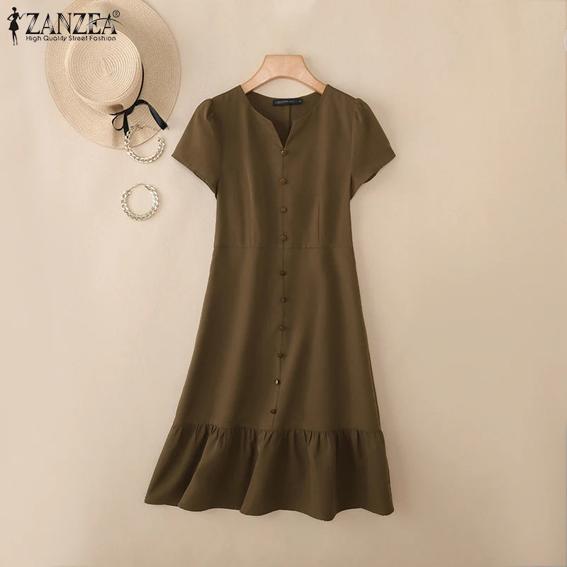 Stylish Summer Dress 2025 ZANZEA Women Elegant V-Neck Midi Dresses Office Work Sundress Short Sleeve Solid Buttons Vestidos Robe