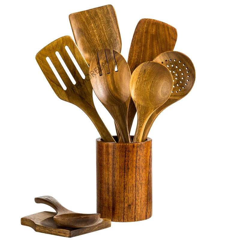 Cucharas de madera para cocinar de 9 piezas, utensilios de madera para cocinar con soporte para utensilios, juego de utensilios de cocina de madera de teca