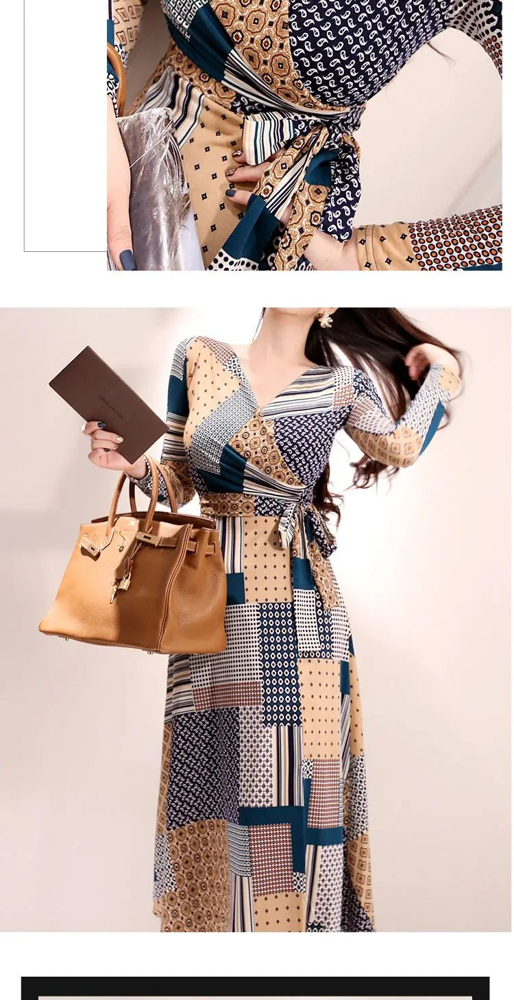 Vintage Print V-neck Lace-Up Maxi Dress | Korean Slim Long Sleeve.