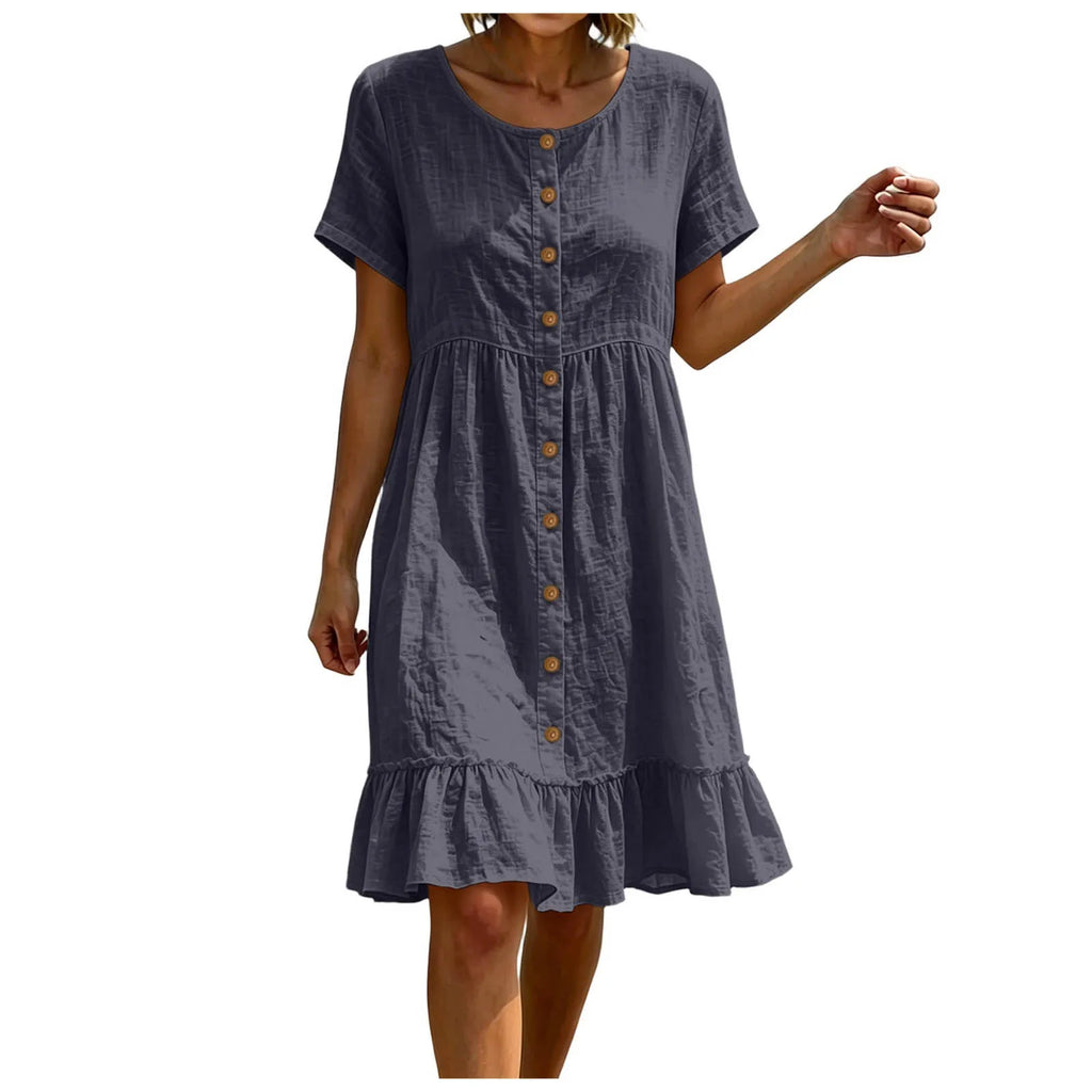 Women Casual Summer Dress Round Neck Front Button Down Short Sleeve Loose Midi Dress Solid Ruffle Hem Beach Cotton Linen Dreses