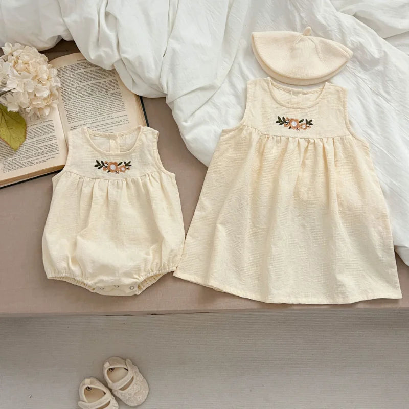 Girls Birthday Party Sisters Outfits Summer Green Apricot Floral Embroidery Sleeveless Bodysuit Vest Dress Baby Clothes H037