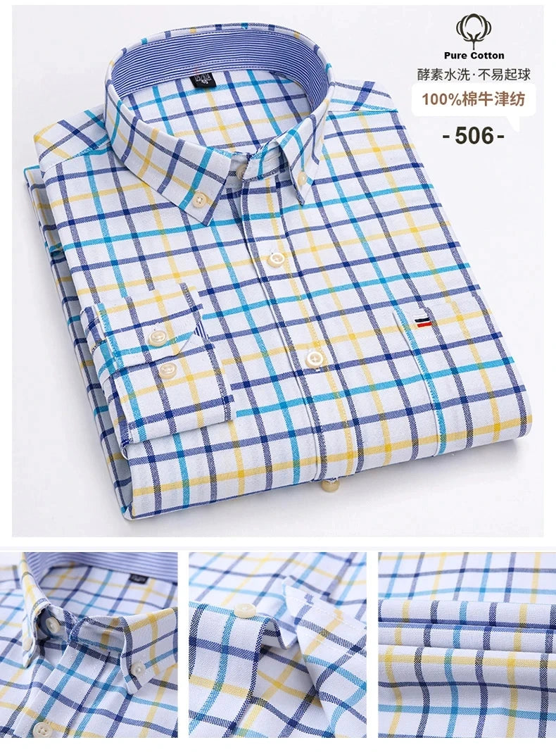 New 100% Cotton Oxford Men Shirts Long Sleeves Plaid Soft Regular Fit Formal Dress Shirt Pocket Social Blouse Male Clothes S-7XL