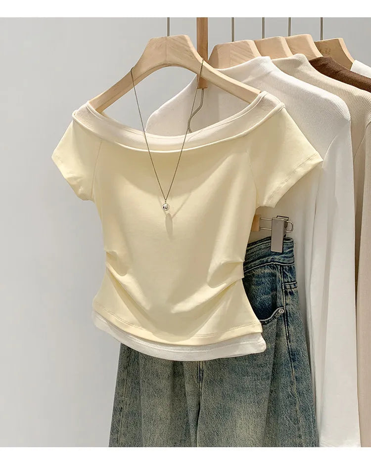 Unique Shoulder-Baring Pink Short-Sleeve T-Shirt Women's Summer New Style Korean Version Slim Fit Commute Style Cotton Material