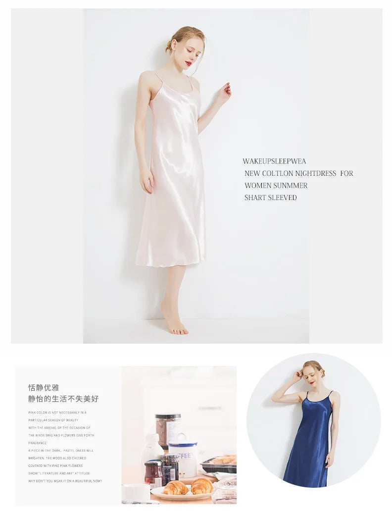 Summer Women Solid Plus Size Ice Silk Sexy Long Spaghetti Strap Nightgown Side Slit Close Fitting Sleep Dress Lingerie Sleepwear