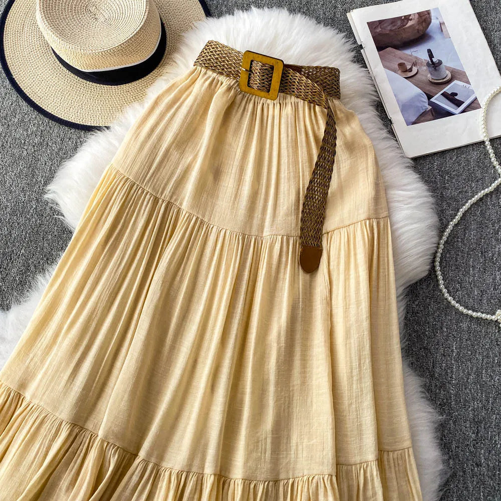 Women's Spring Summer 2026 White Midi A-line Cake Skirts With Sashes