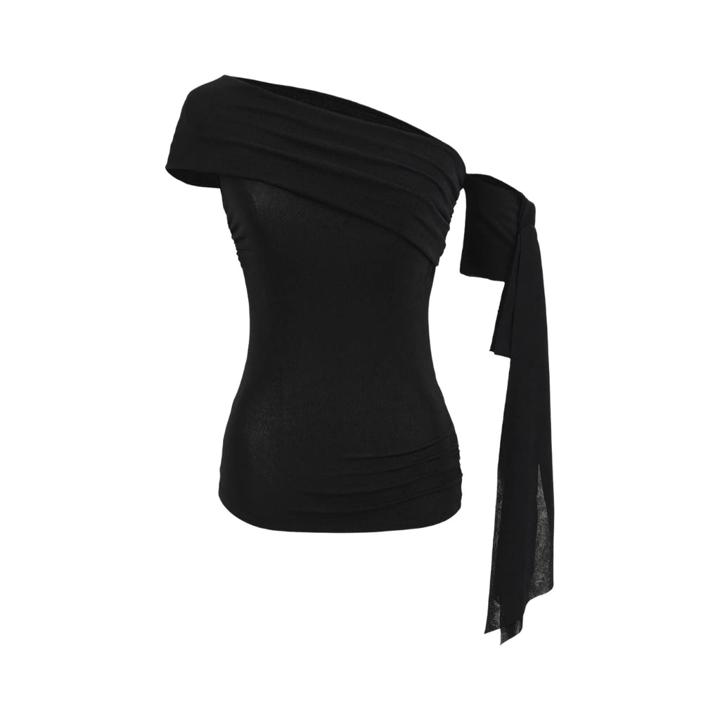Sexy Pure Desire Short Sleeve T-Shirt Women's Spicy Girl Sash One Shoulder Tube Top Short Length Slim Fit Casual Noble