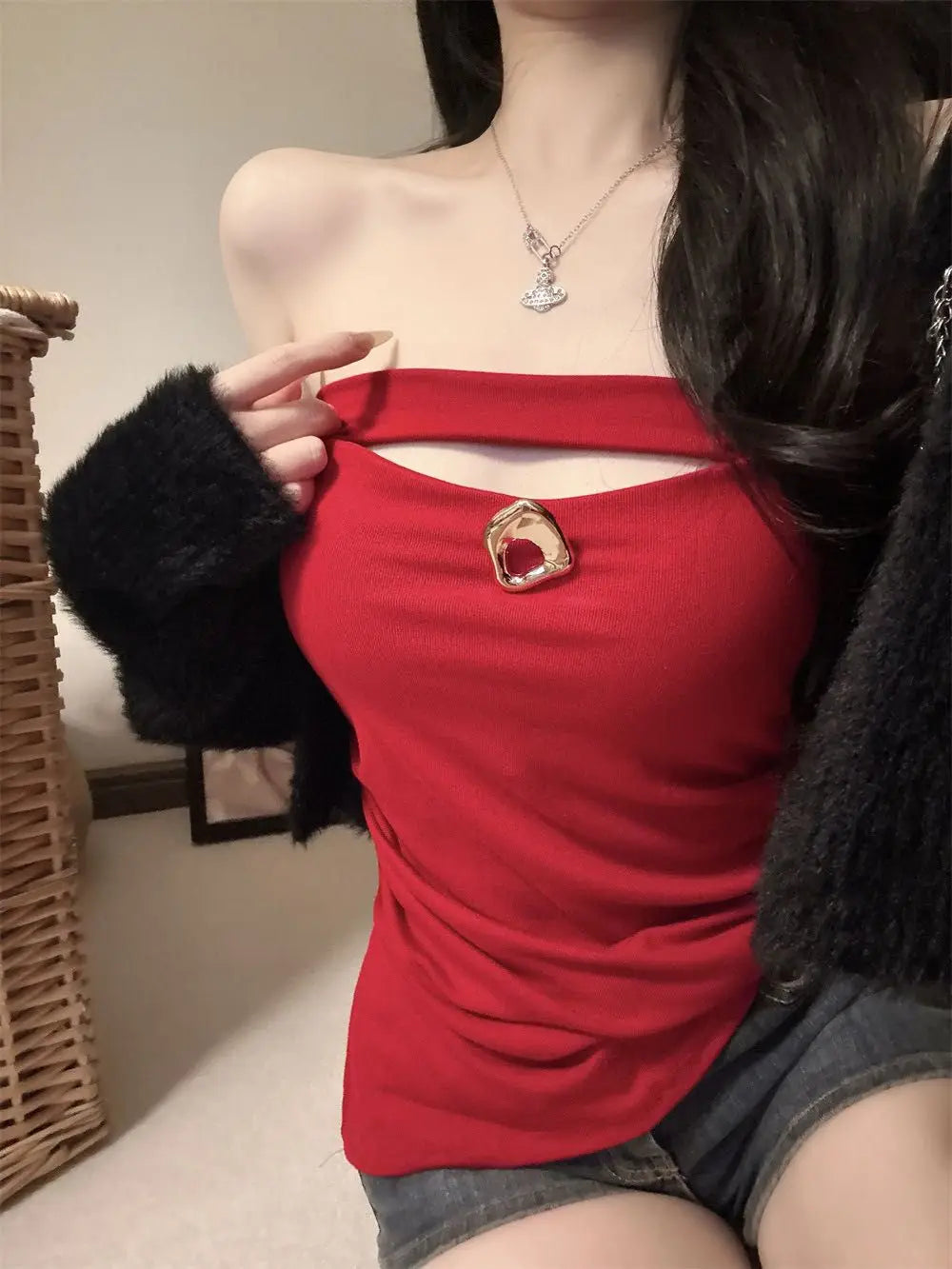 Sexy Slimming Red One-Shoulder Tube Top Women's Summer Fitted Hollow out Chest Pad Korean Style Thin T-Shirt Vest