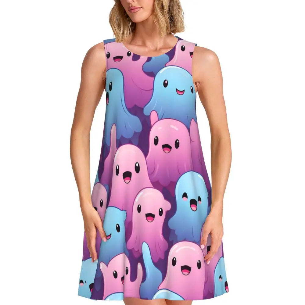 Shiny Graffiti Casual Dress Colorful Print Sleeveless Boho Dresses Women O Neck Street Fashion Dress Day Print Vestidos Present