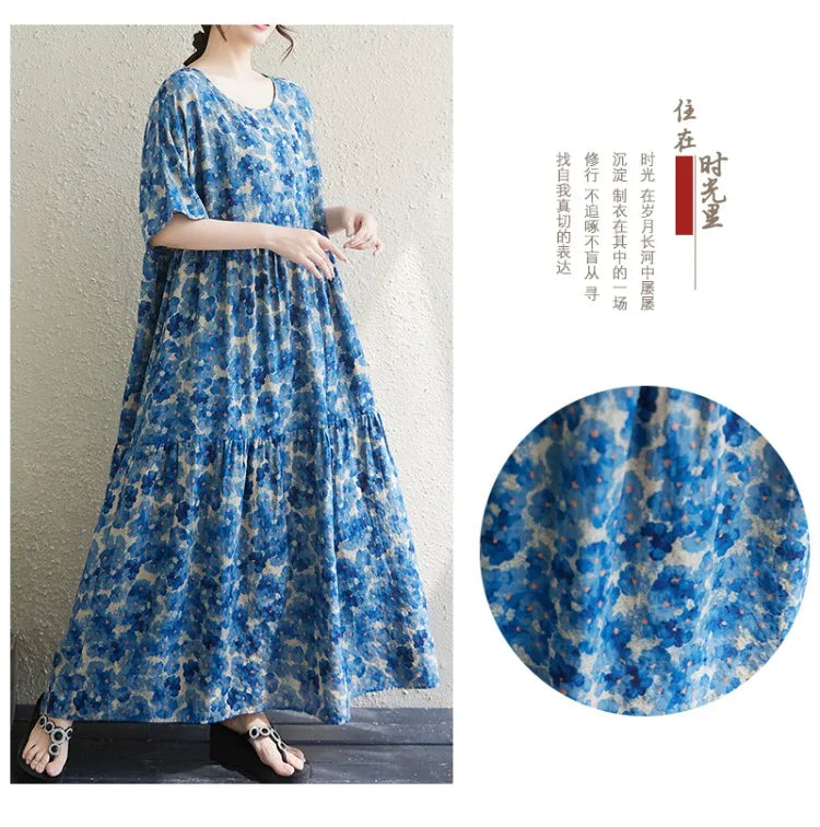 THHONE Vestido Feminino Summer Dresses for Women 2025 Bohemian Holiday Floral O Neck Short Sleeve Casual Print Women's Clothes