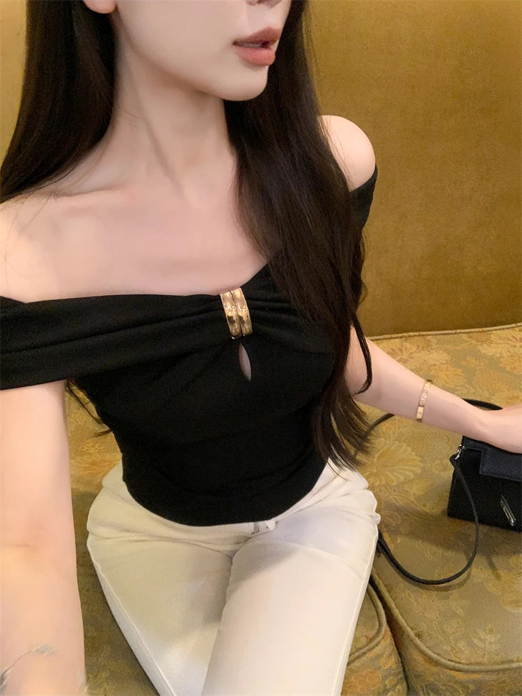 Summer slim sexy spicy girl slash neck ruffled short-sleeved T-shirt for women