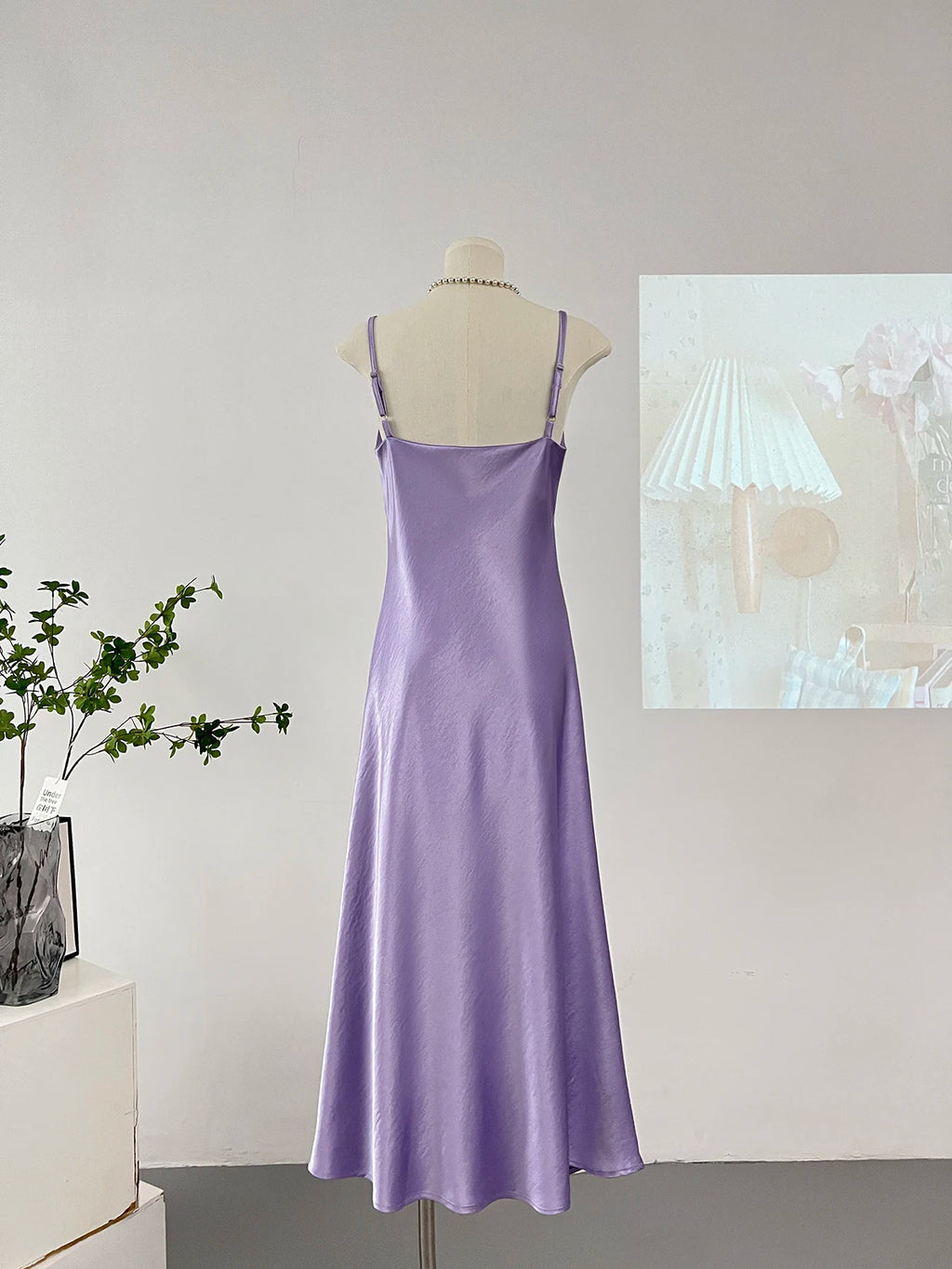 Elegant Women Spaghetti Strap Satin Dresses Summer V-Neck Solid Color Thin Sleeveless Long Dress Women A-Line Dress