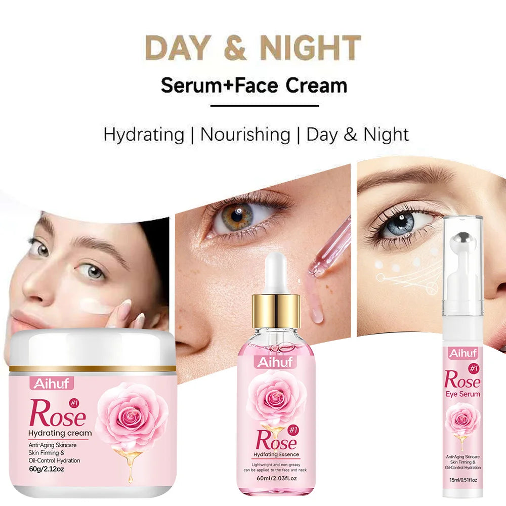 AIHUF Anti-Aging Facial Skincare Set with Rose Day Night Cream And Eye Cream for Dark Circles Puffiness Moisturizing And Firming