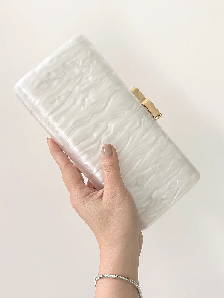 CR Women Elegant Marbled Acrylic Clutch Minimalist Simple Design Magnetic Closure Square Hard Case Box Evening Bag Bride Purse