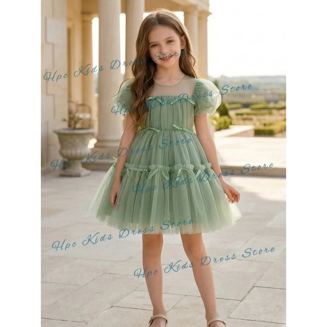 Custom Sage Green Tulle Flower Girl Dress Puff Sleeve Tiered Ruffle Bow Knee Length  Party Bridesmaid Wedding Formal Event