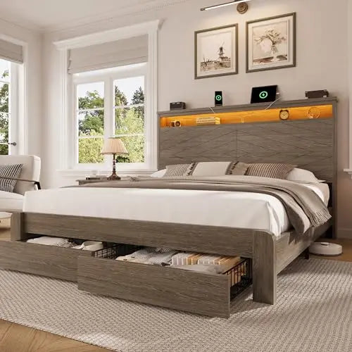 King Size Wooden Platform Bed Frame with Headboard,Brown | 2 Storage Drawers, LED Lights & Charging Station, Easy