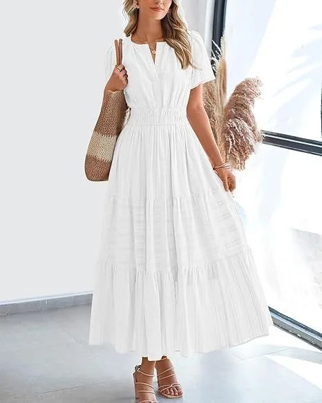 Summer Solid Color V-neck Tight Waist Dress French Style Elegant Pleated Large Swing Long Dress Casual Vacation Style Slimming M