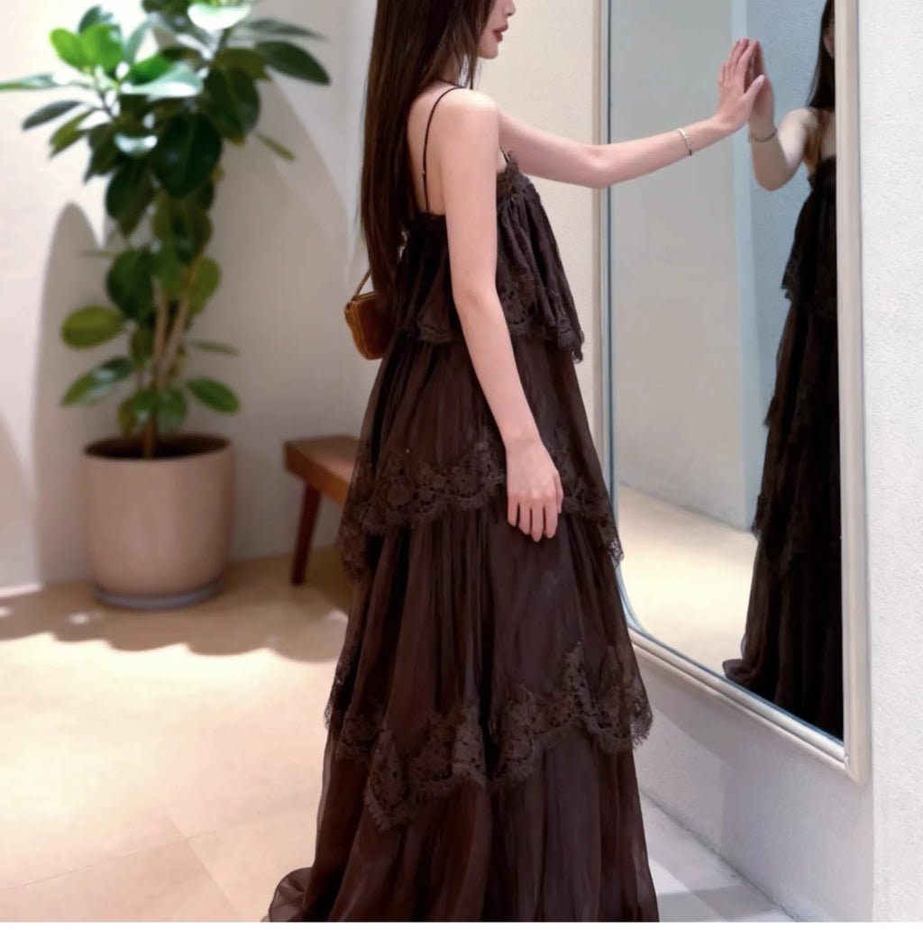 Exclusive Color Dyeing Heavy Work Multi-Layer Skirt Long Dress Women's Commute Style Sleeveless Outdoor Casual Polyester Fiber