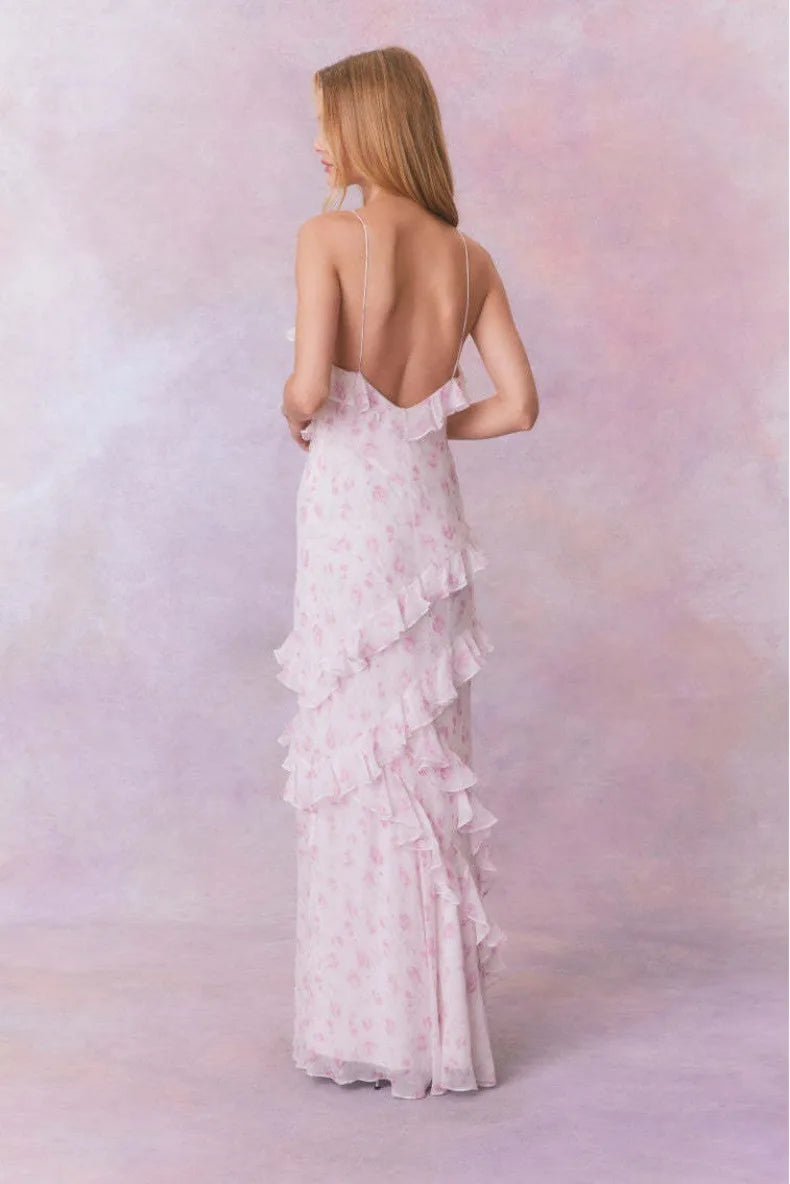 Lotus Leaf Edge French Floral Backless Dress Slim Fit Chiffon Solid Color Holiday Party Birthday Party Long Dress