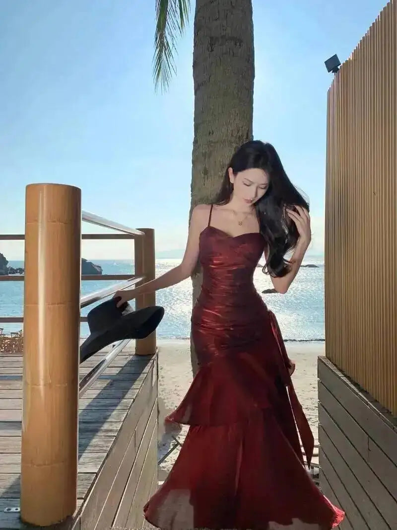 LGRQ 2026 Summer Blue Niche Strap Dress Fishtail Elegant Long Dresses Solid Color Female Elegant Party Gown 19DA2013