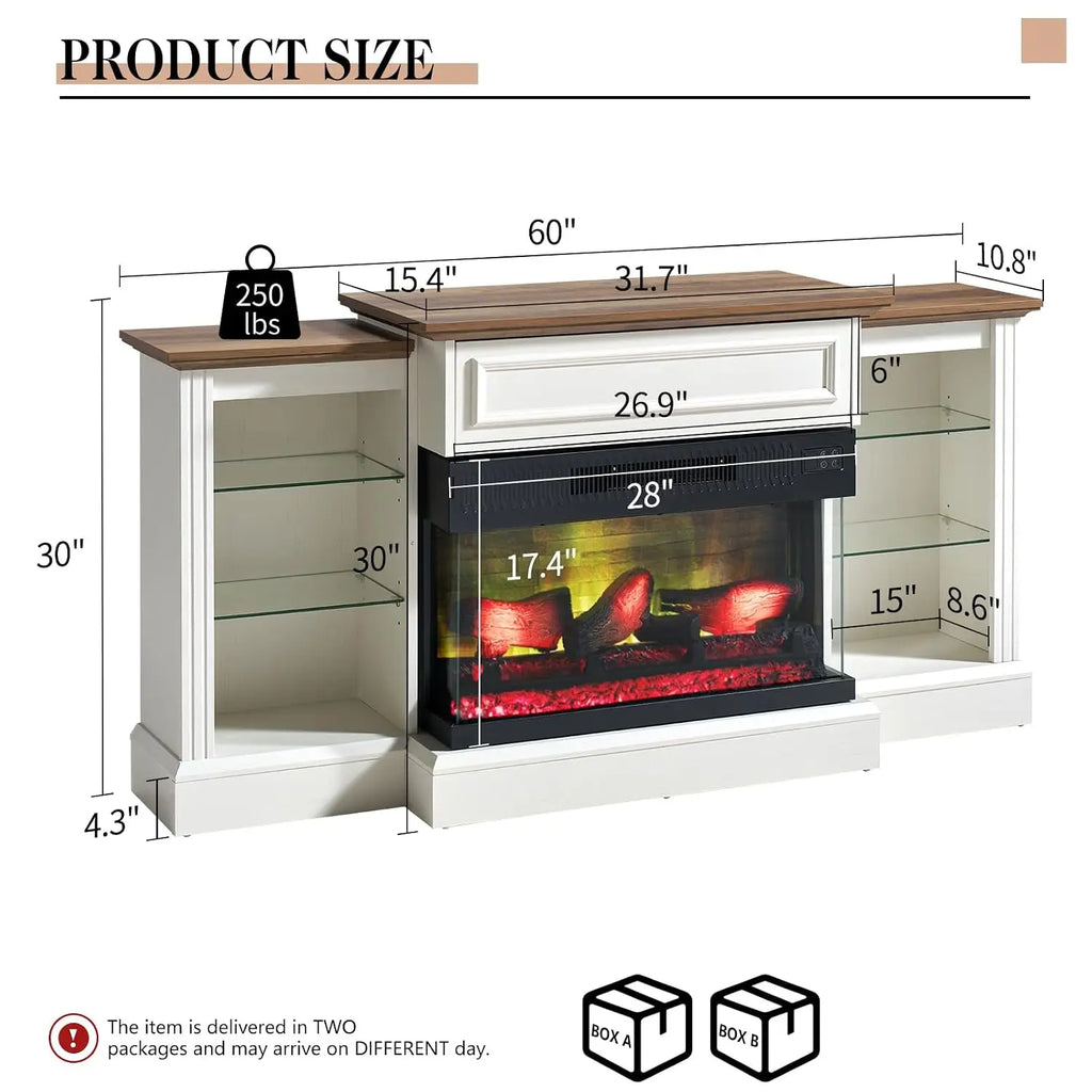Farmhouse 60" Fireplace TV Stand with 28" Electric Fireplace | 3-Sided Electric Fireplace, Media Entertainment, Customized