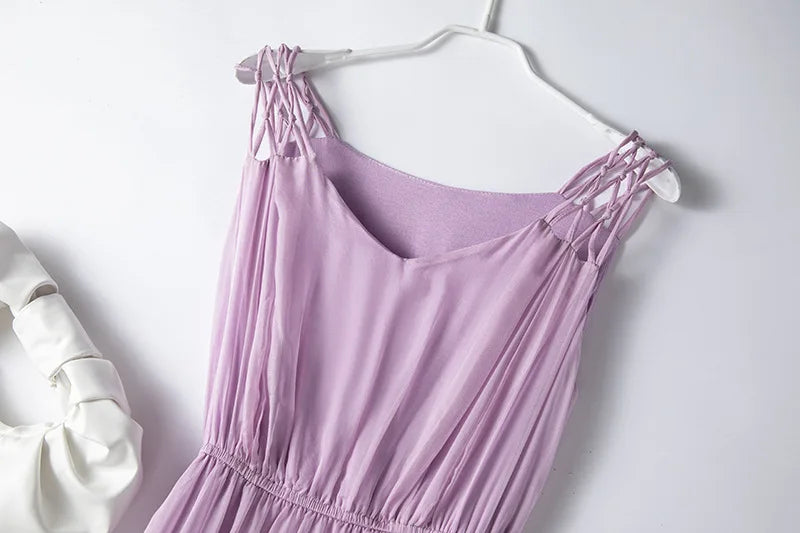 100%Real Silk Elegant Dresses, Women Sleeveless Elastic Waist, Beach Vacation Fairy Dress, 2024 Summer Fall