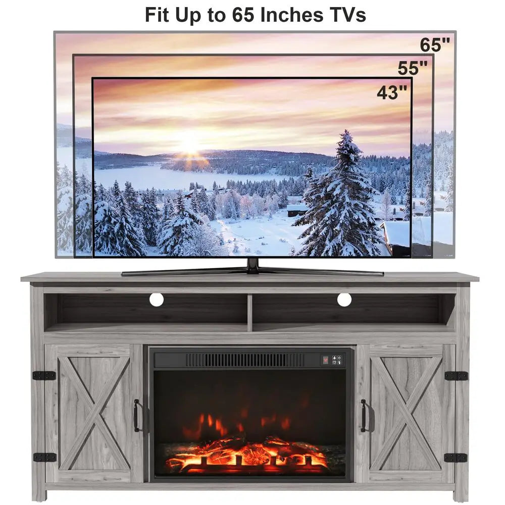 Farmhouse Fireplace TV Stand for TVs Up to 65 Inch Highboy Entertainment Center with Open Storage and Side Cabinets Rustic Medi