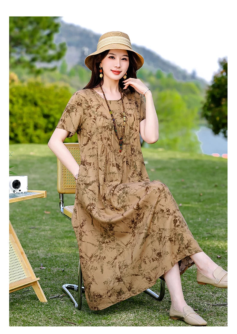 New Print plus size 2026 New Fashion Floral Printed Summer Dress Vestidos Elegant Short Sleeve Slim O-Neck Party Women clothing