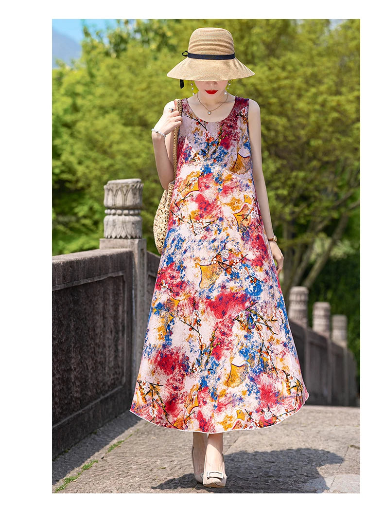 New Women Summer Dresses Vintage Dress FashionRobe Plus Size Sleeveless Femme Casual Print Dresses