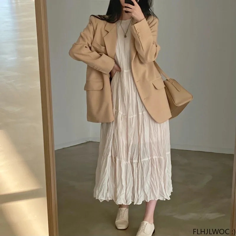 Autumn Spring Wrinkle Loose Dresses New Hot Women Cute Japan Style Retro Vintage Girls Holiday Casual Solid Apricot White Dress