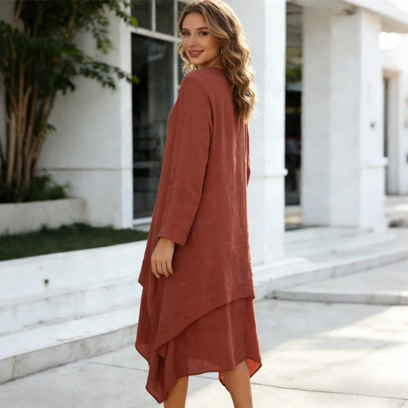 2026 Spring Women Oversize Long Dress Casual Long Sleeve V Neck Loose Plus Size Female Dress Elegant Vintage Holiday Beach Dress