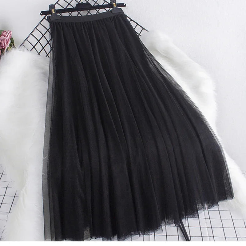 New large hem chiffon long skirt for women's Korean casual simple solid color three-layer A-line high waisted long skirt