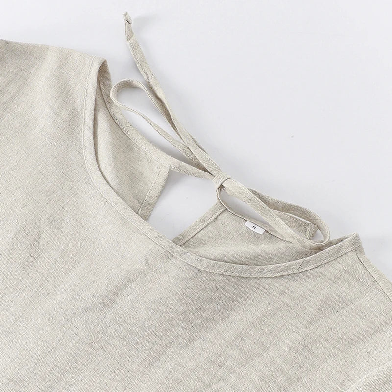Women Cotton Linen Midi Dresses Summer Chic Female Vestidos Loose A-Line Dress Short Puffy Sleeve Casual Sundress