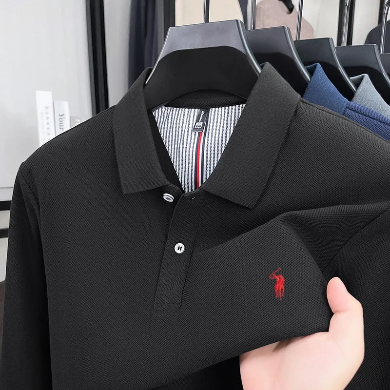 Pure Cotton Polo Shirt For Men Premium Embroidered Pony Logo Autumn Winter Long Sleeve Business Casual
