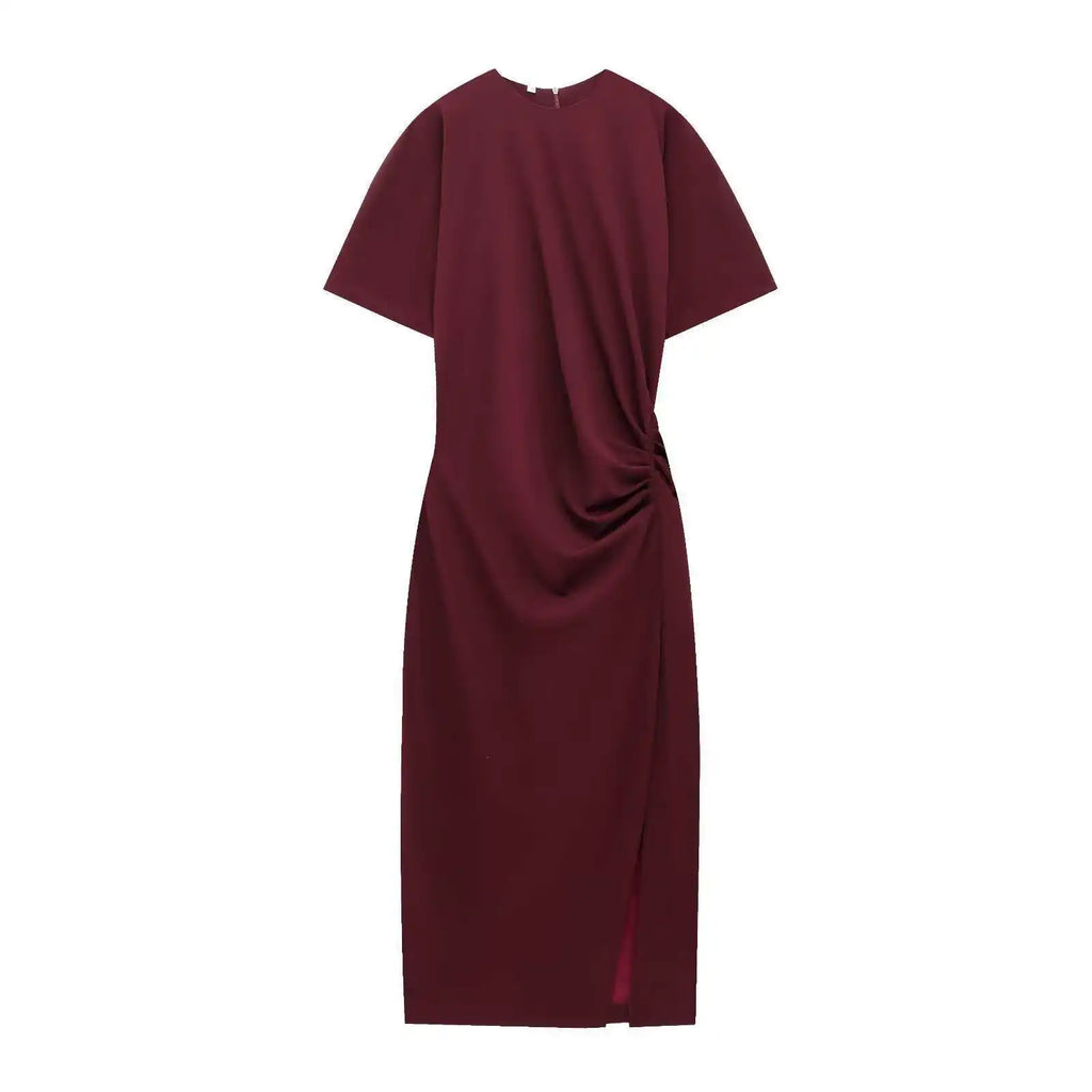 Summer Women's Midi Dress Slit Short Sleeve Pleated Cross-Border Street Style Polyester Solid Color Basic round Neck Loose Waist