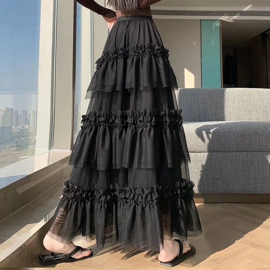 Qiukichonson Midi Long Skirt Women Patchwork Mesh Lolita Spring Summer High Waisted High Low Ruched Ruffles Ball Gown Skirt rok