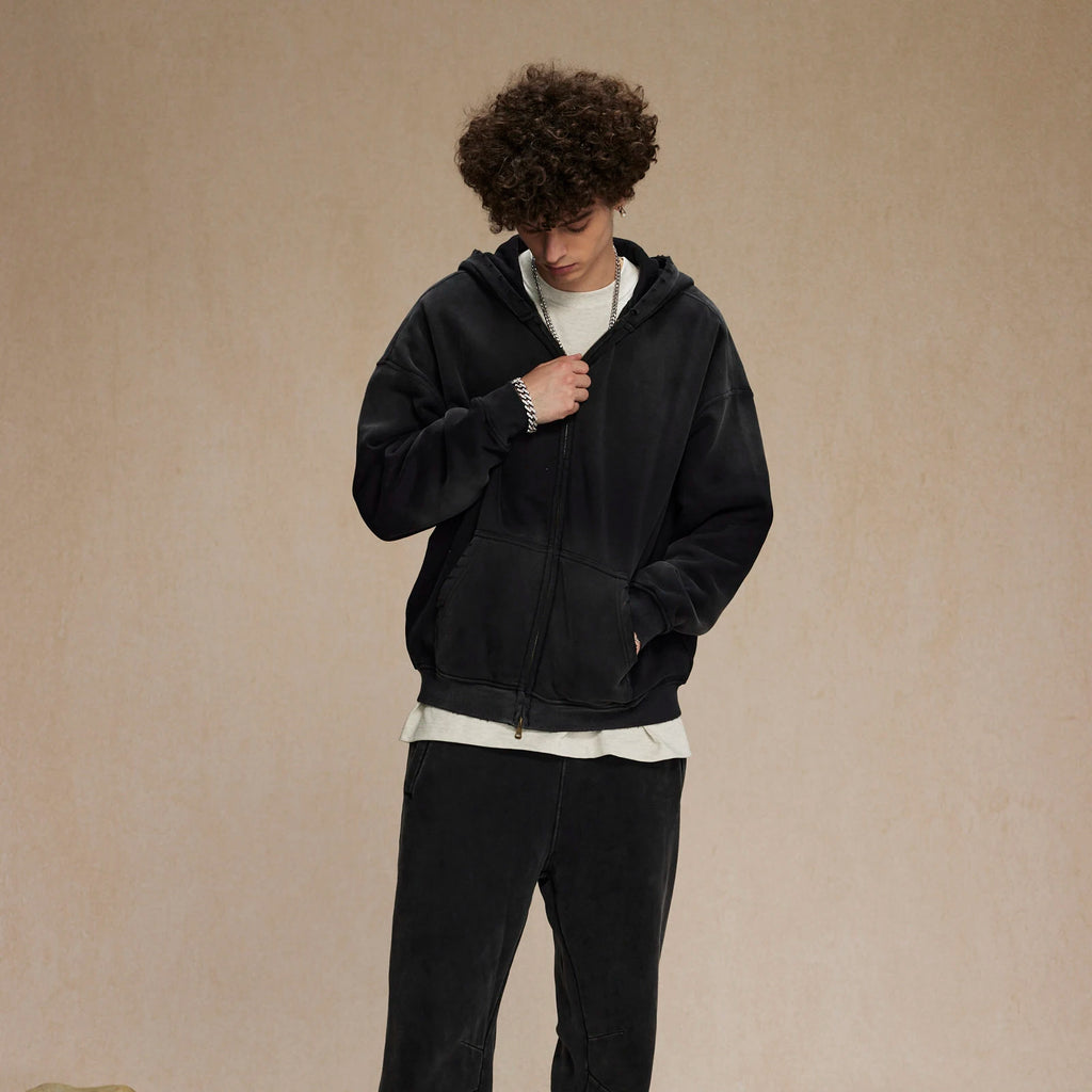 Men'S Zip Up Hoodies Tie Dye Washed Double Oversize Cardigan Sweatshirt Loose Plus Plush Gradient Man Hooded Pullovers Winter