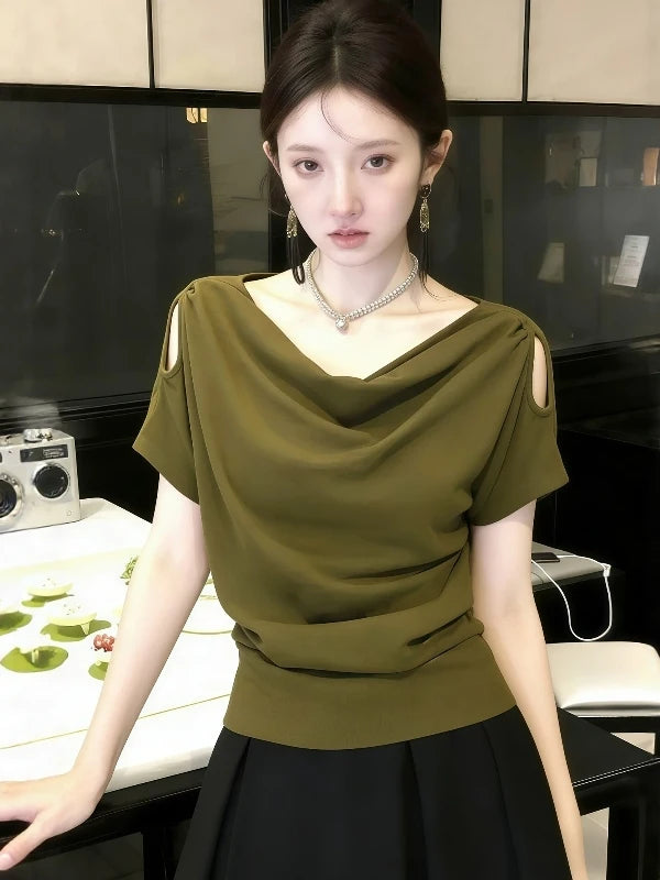 Unique Beautiful Shoulder-baring Short Sleeve T-shirt Women's Summer 2026 New plus Size Loose Fit Korean Style Creative Pattern