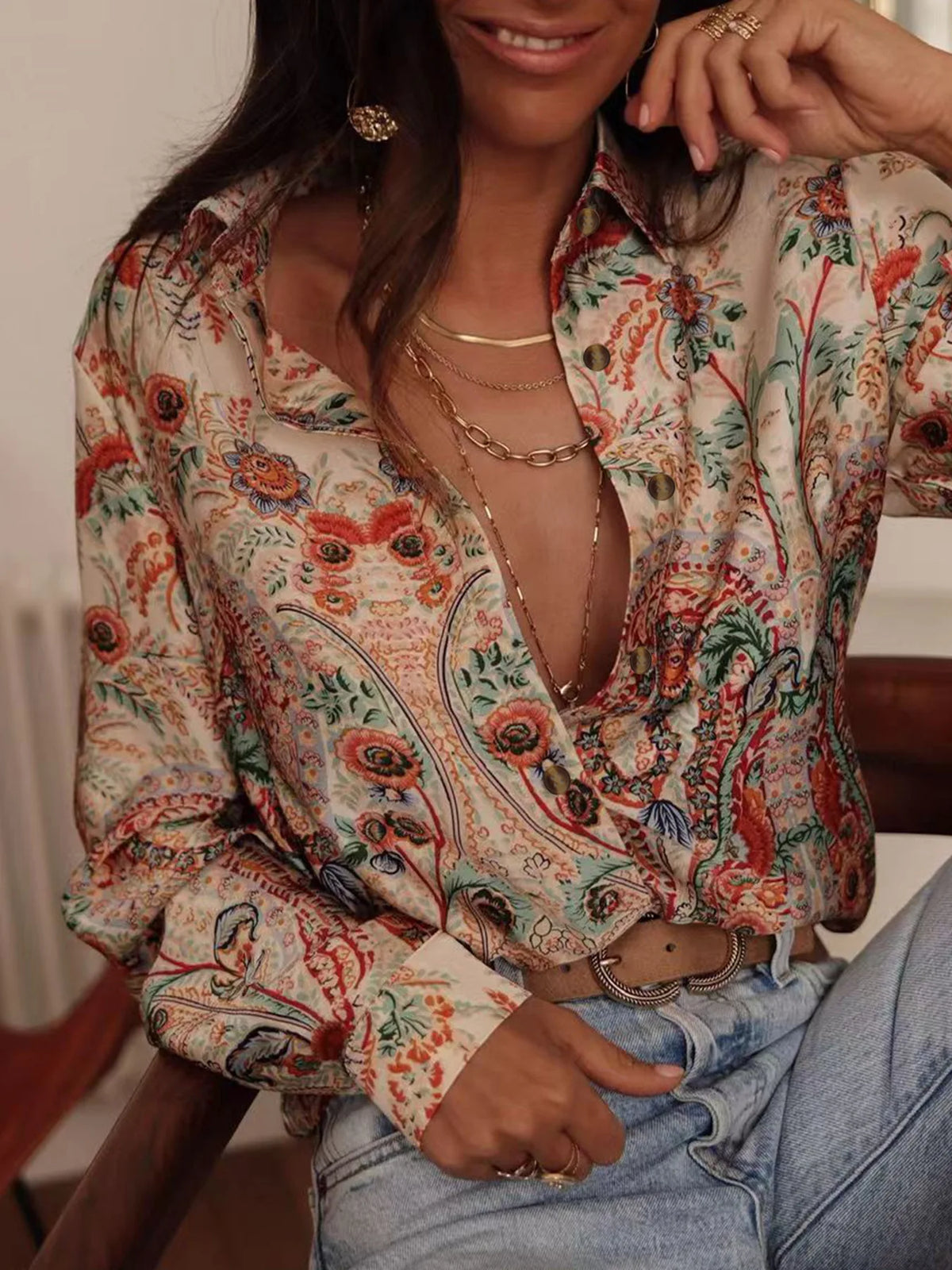 Women's Casual Printed Collar Shirt - Long Sleeve Loose Fit Top