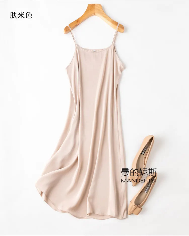 Tcyeek Women Silk Dress 93%Silk 7%Spandex Spaghetti Strap Mid Dresses 2024 Summer New Clothes Blue