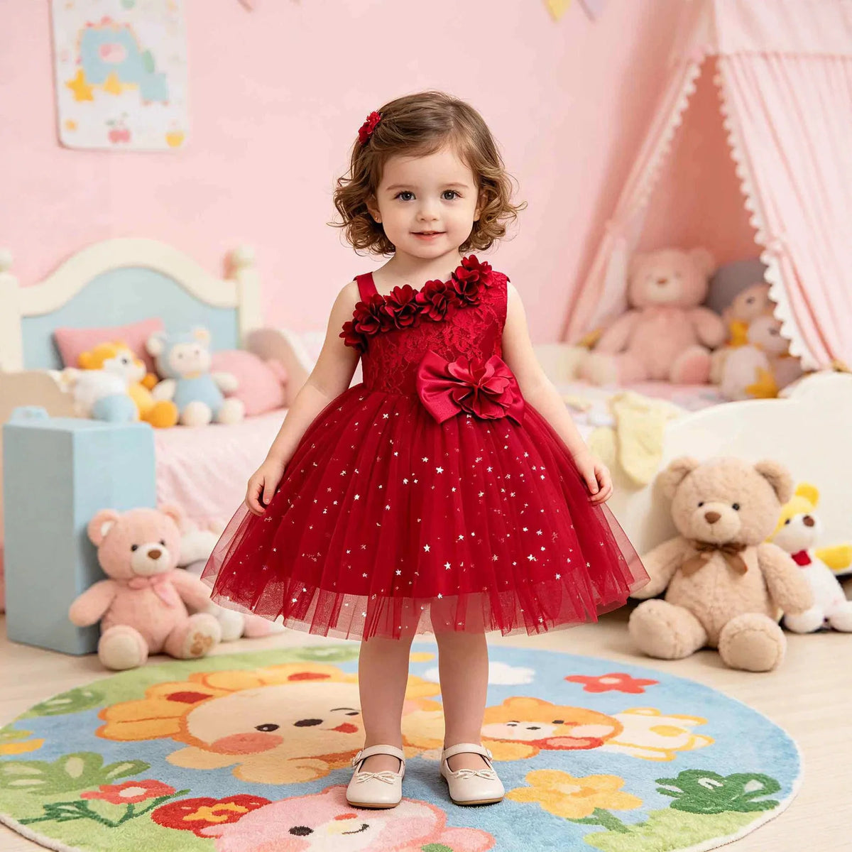 HETISO Baby Girls Dress Sling Elegant Kids Star Printed Birthday Party Ball Gown Children Costume Gown 6M-3 Years