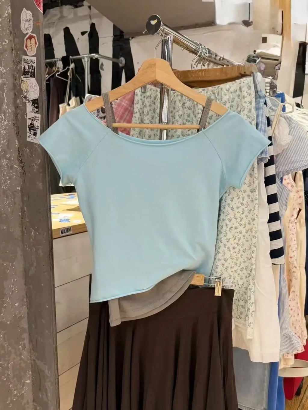 Mint Blue Slash Neck Crop Tops Women Summer Simple All-match Cotton Casual Slim T-shirts Sweet Cute Preppy Style Cropped Tees